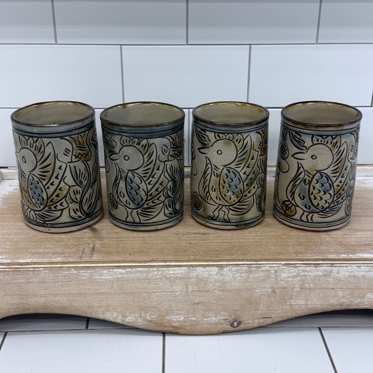 Folk Art Pottery Mugs Set of 4 Ceramic Tankards
