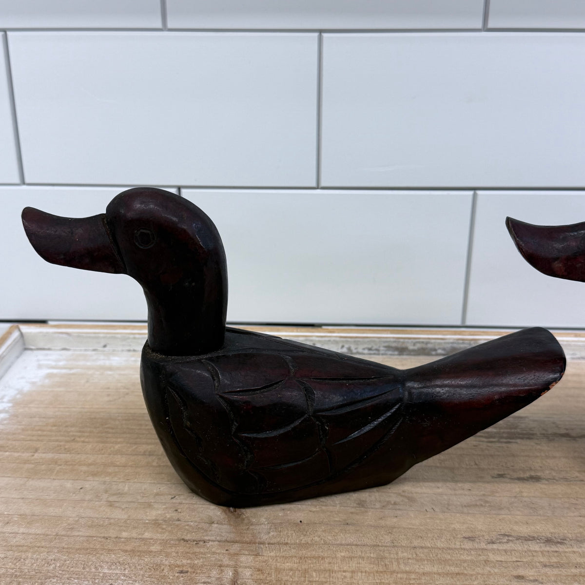 Duck Figurines Pair Hand-Carved Wood - Rustic Lodge Decor
