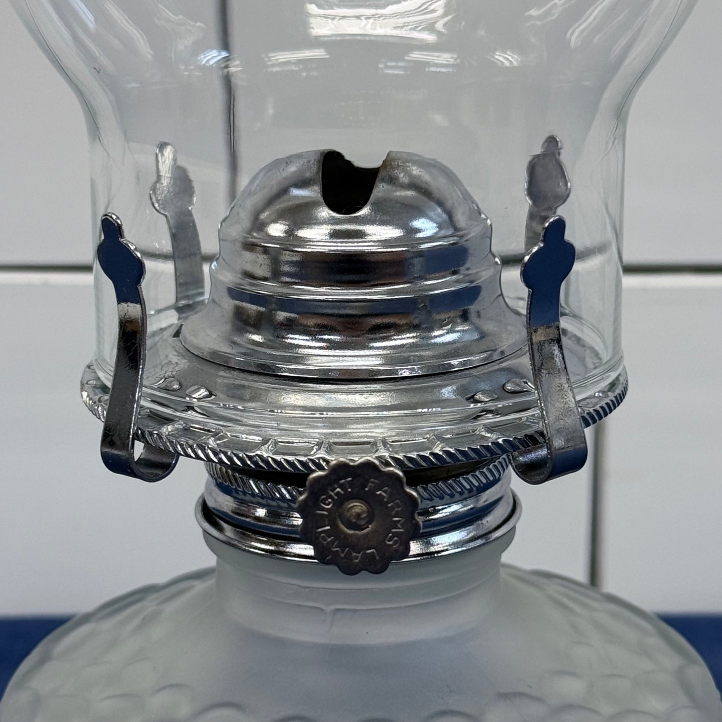 Lamplight Farms Frosted Hurricane Oil Lamp Fish Scale Glass 1980s