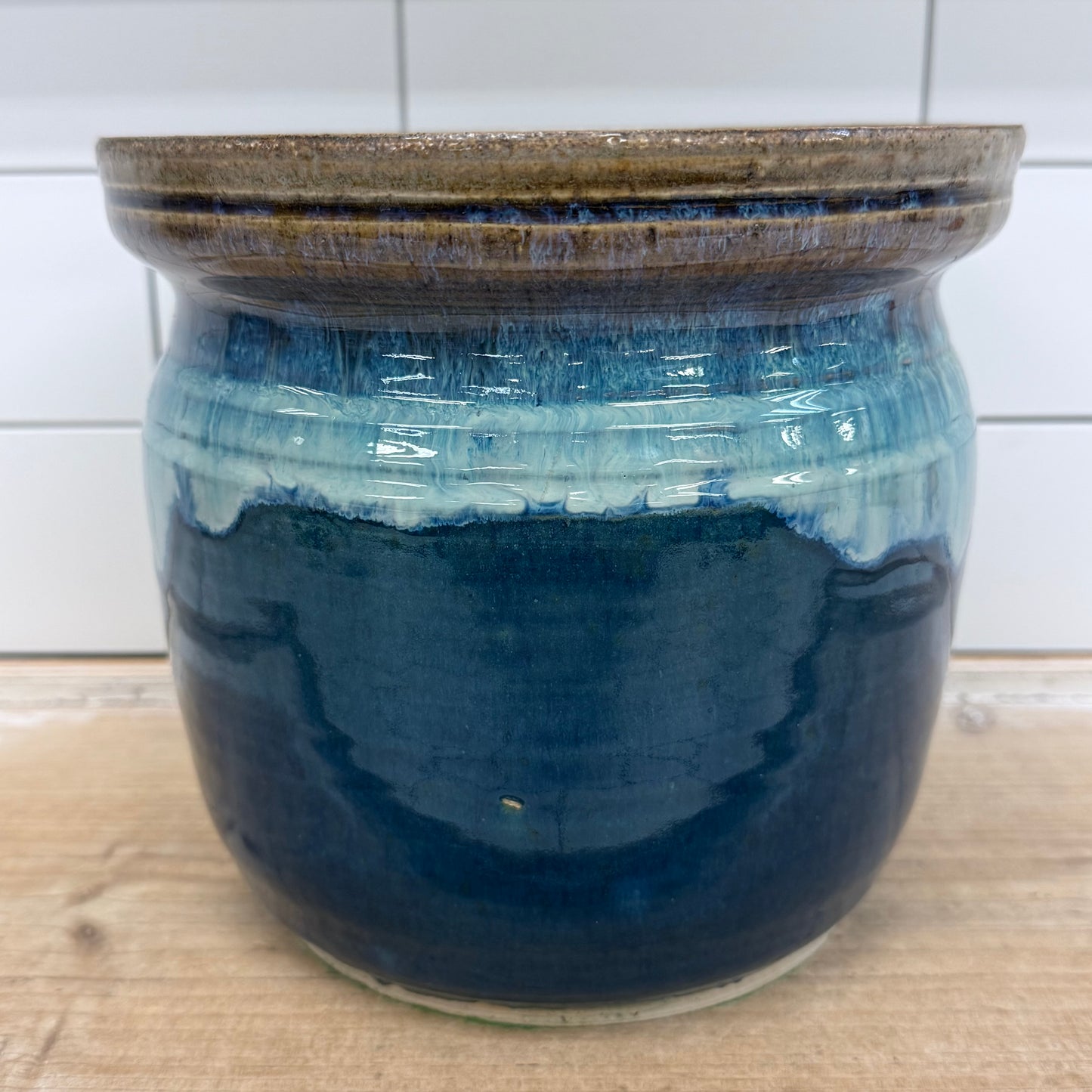 Studio Art Pottery Blue Drip Glaze Stoneware Planter Pot