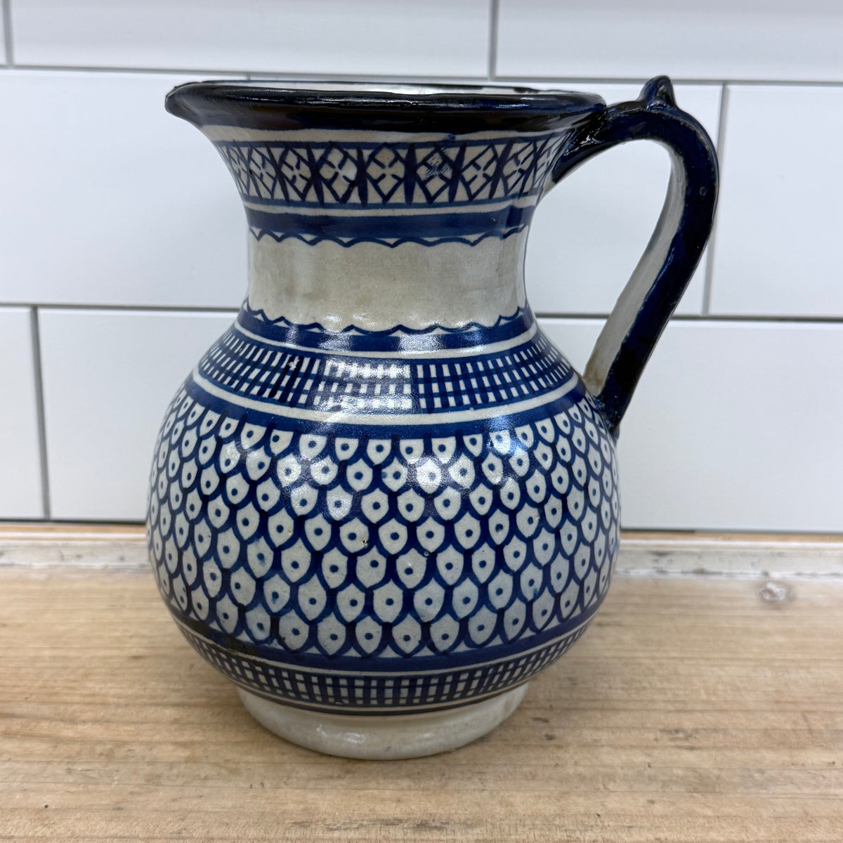 Moroccan Fez Blue White Pottery Pitcher & Plate Hand Painted