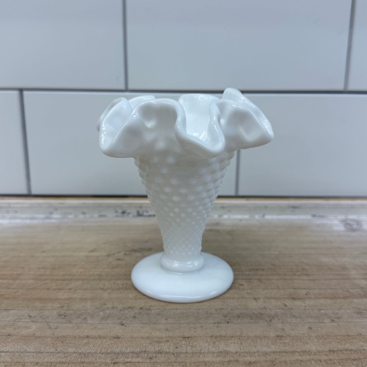 Fenton Trumpet Vase, Ruffled Hobnail Milk Glass