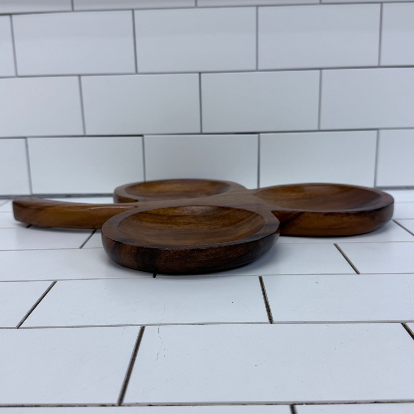 MCM Wood Clover Serving Tray Divided Snack Dish 16”