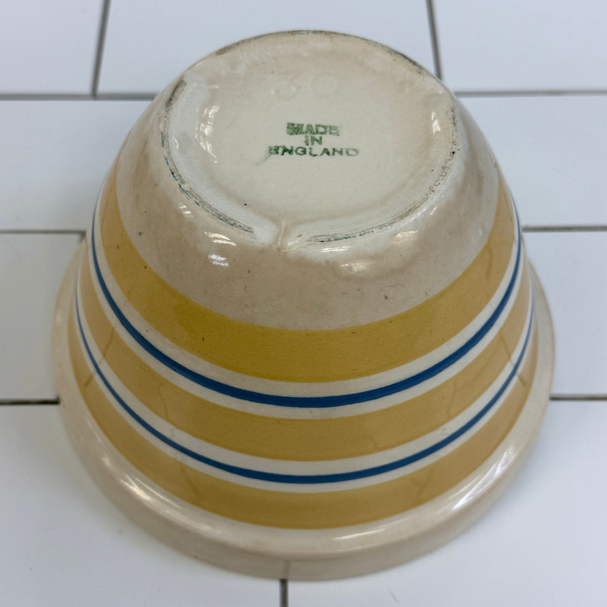 English Yellow & Blue Stripe Earthenware Mixing Bowl 1940s