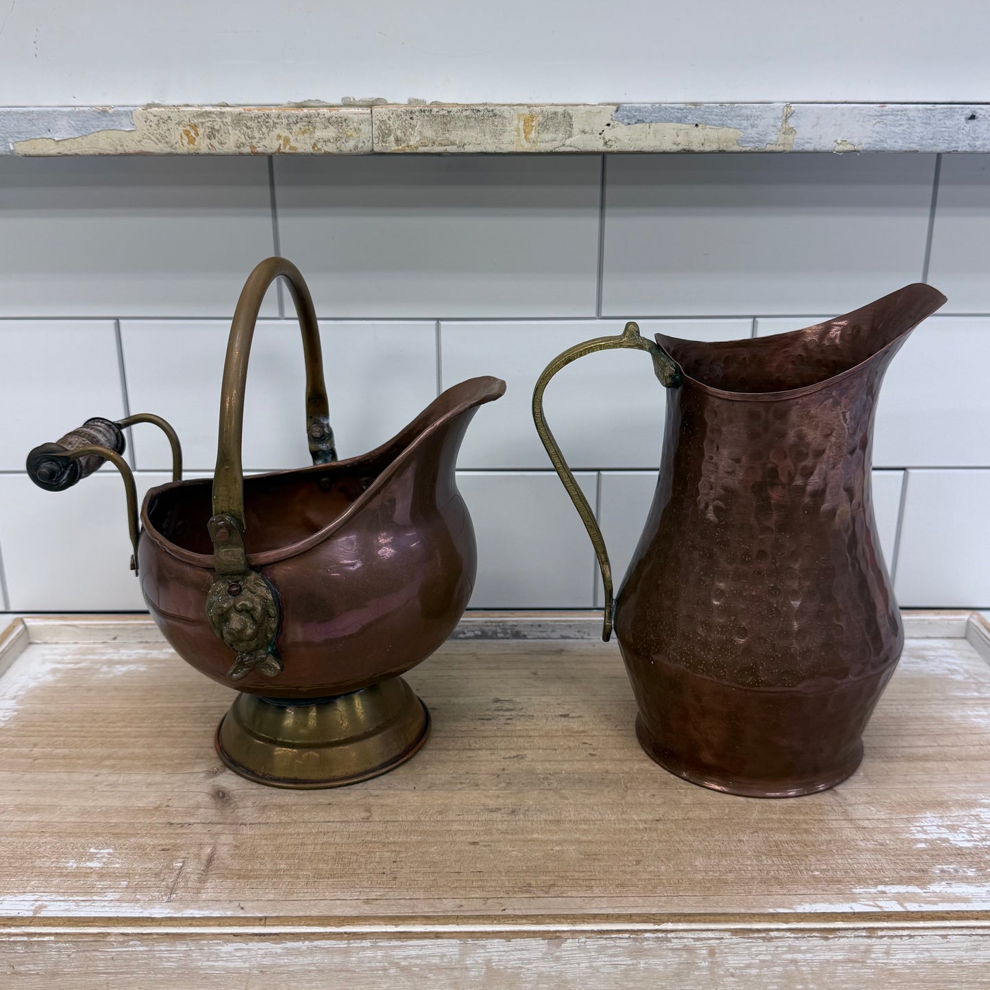 Copper Coal Scuttle & Hammered Pitcher Decor Set
