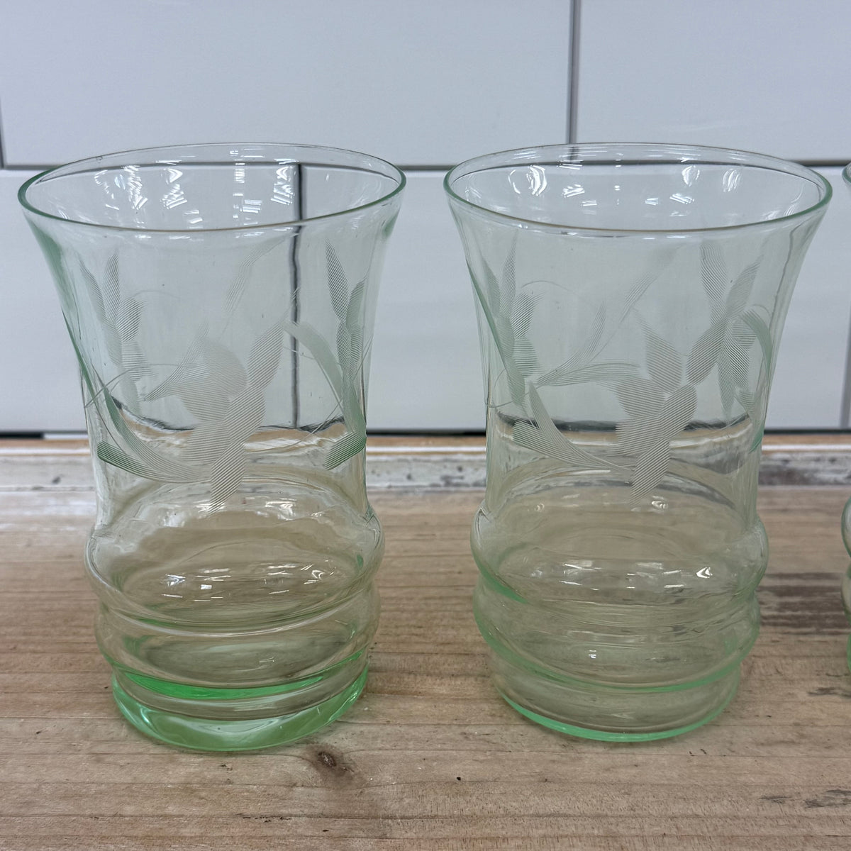 Pale Green Etched Leaf Glass Tumblers Set of 4