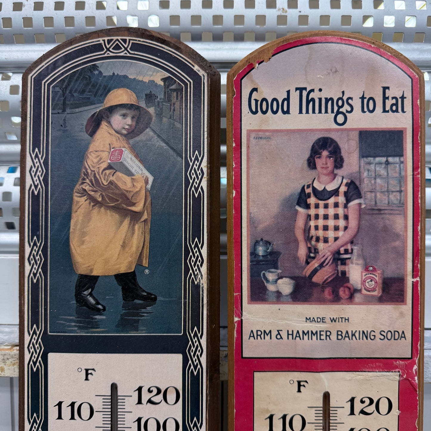 Vintage Nabisco Arm & Hammer Wood Thermometers Set of 2