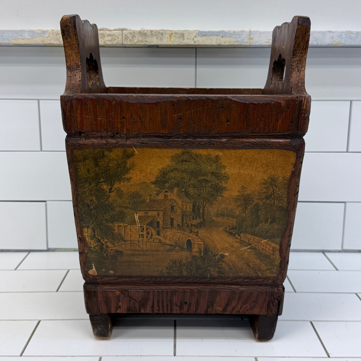 Colonial Americana Wood Wastebasket Scenic Panels