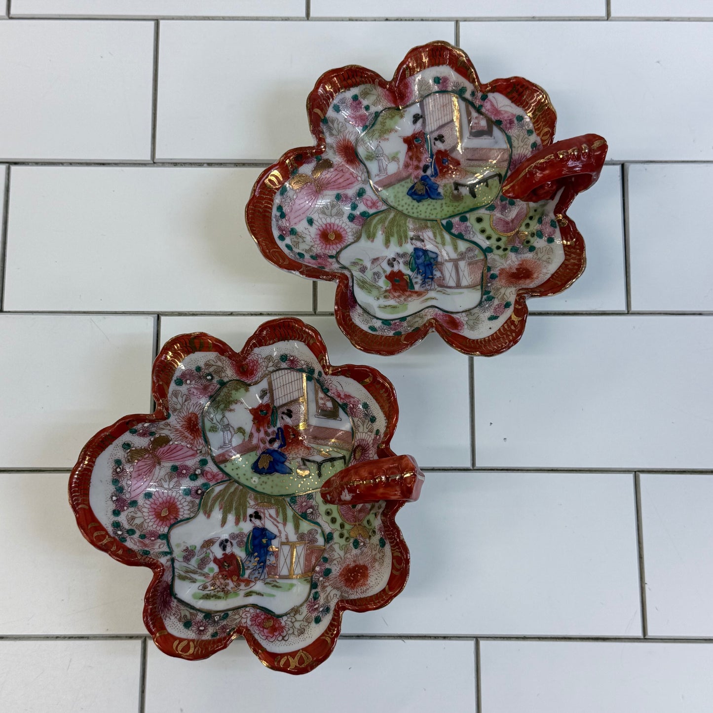 Japanese Geisha Porcelain Nappy Dishes Set of 2 1920s–30s