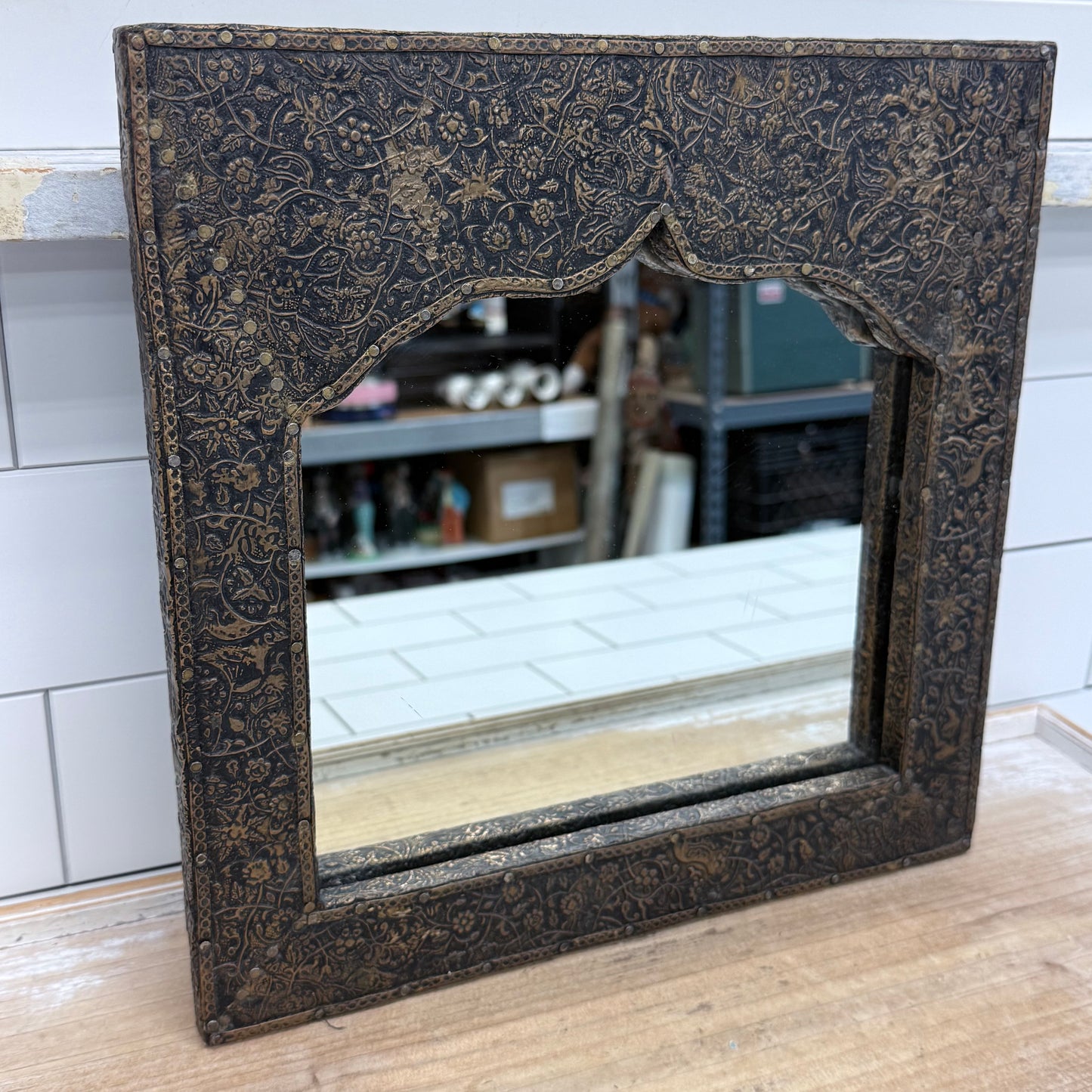 Moroccan Style Floral Embossed Wood Accent Mirror
