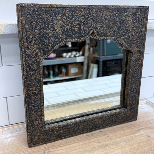 Moroccan Style Floral Embossed Wood Accent Mirror