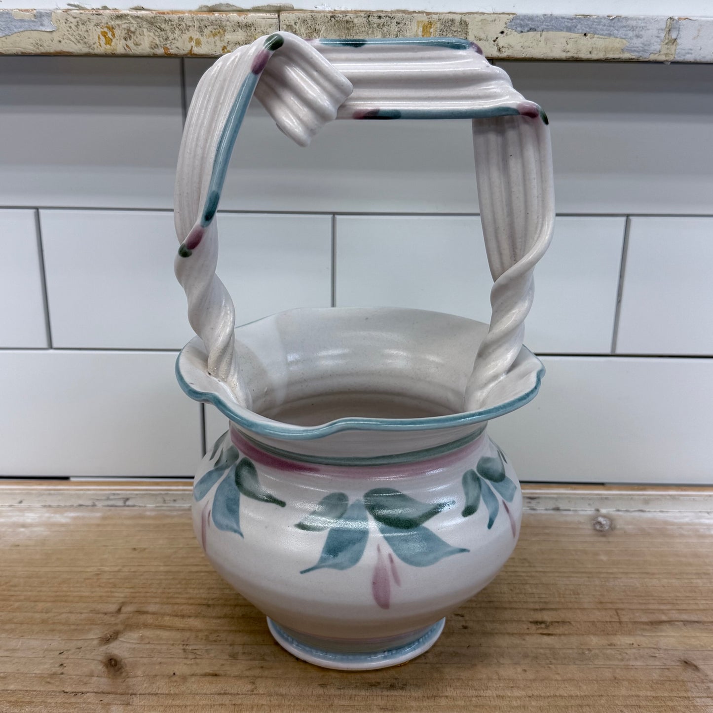 Studio Art Pottery Floral Basket Twisted Handle Signed Ceramic