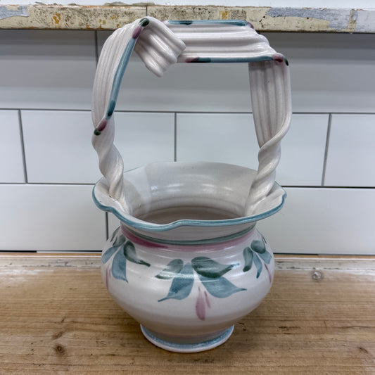Studio Art Pottery Floral Basket Twisted Handle Signed Ceramic
