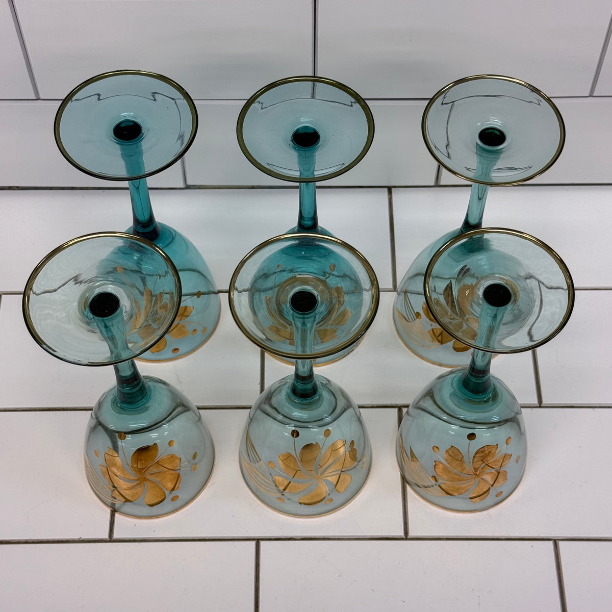 Italian Blue Glass Decanter & 6 Goblets Gold Floral Set
