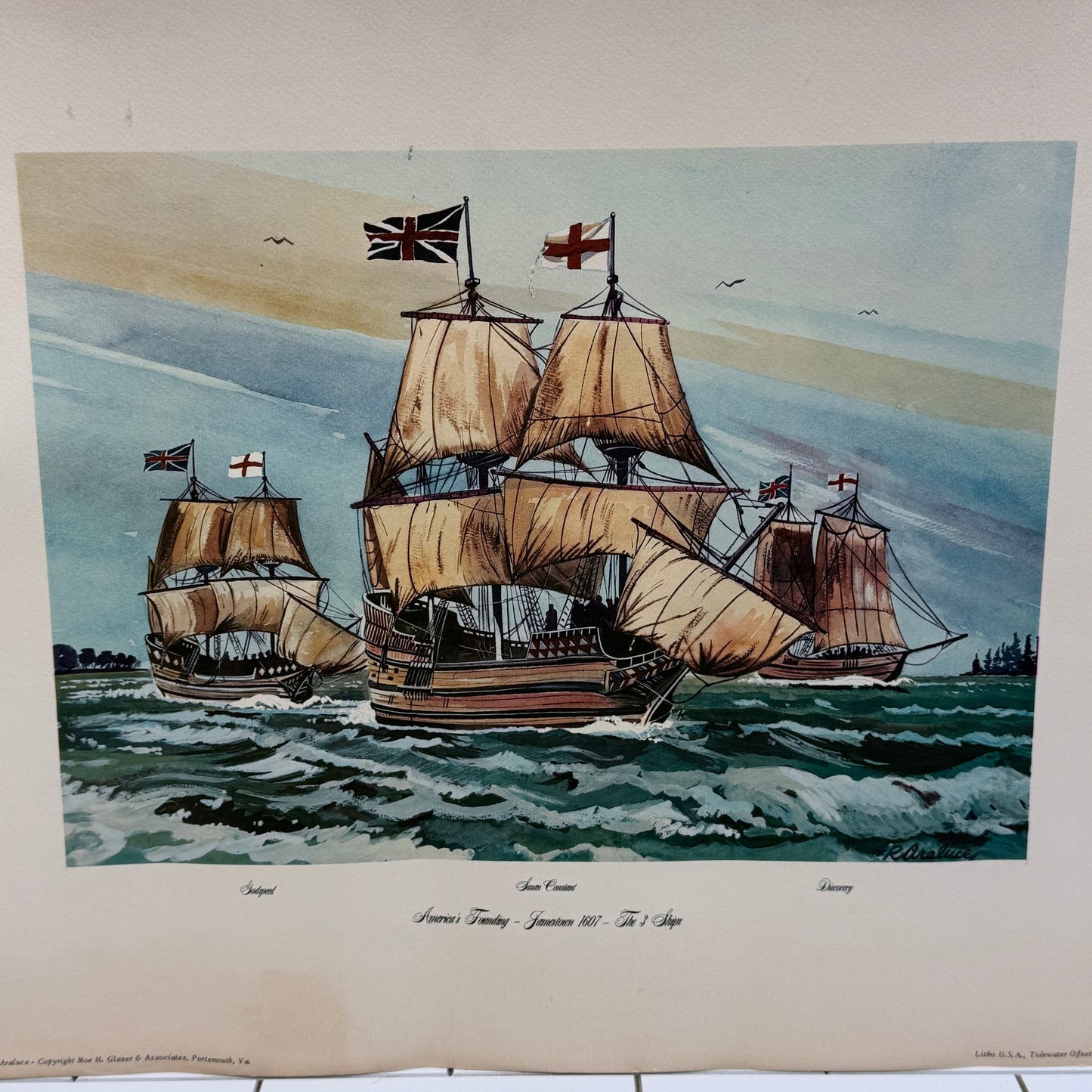 Raul Araluce Three Ships Jamestown 1607 Lithograph
