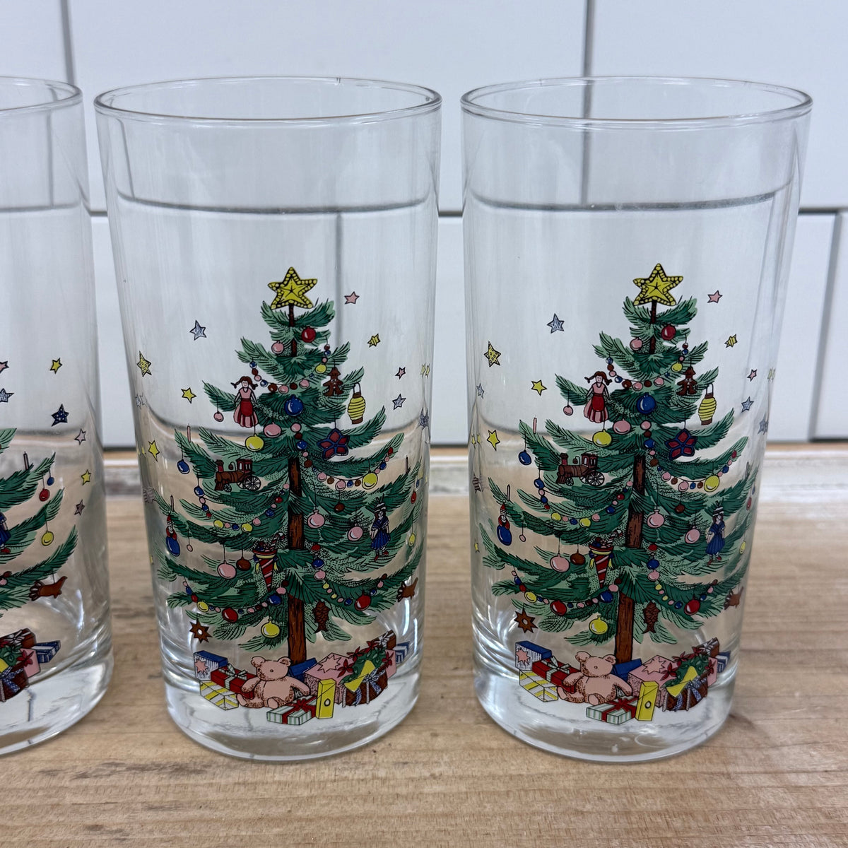Nikko Christmas Tree Teddy Bear Highball Glass Tumblers Set of 4