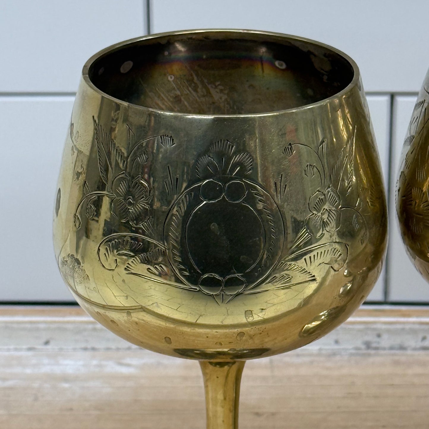Vintage Floral Etched Goblets, Set of 4