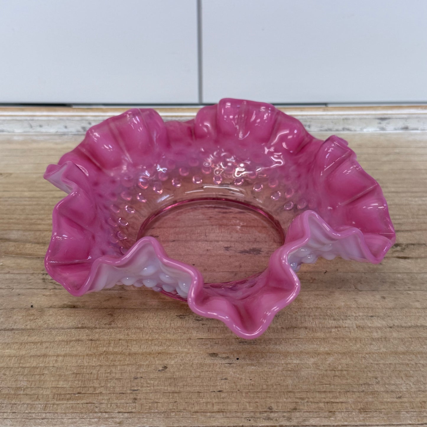 Fenton Cranberry Opalescent Hobnail Ruffled Candy Dish 6 Inch