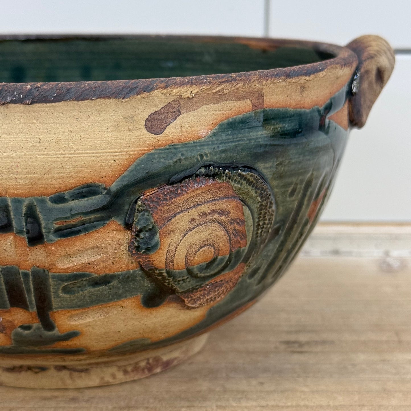 Studio Art Pottery Spiral Handled Bowl, Signed, Glazed Stoneware