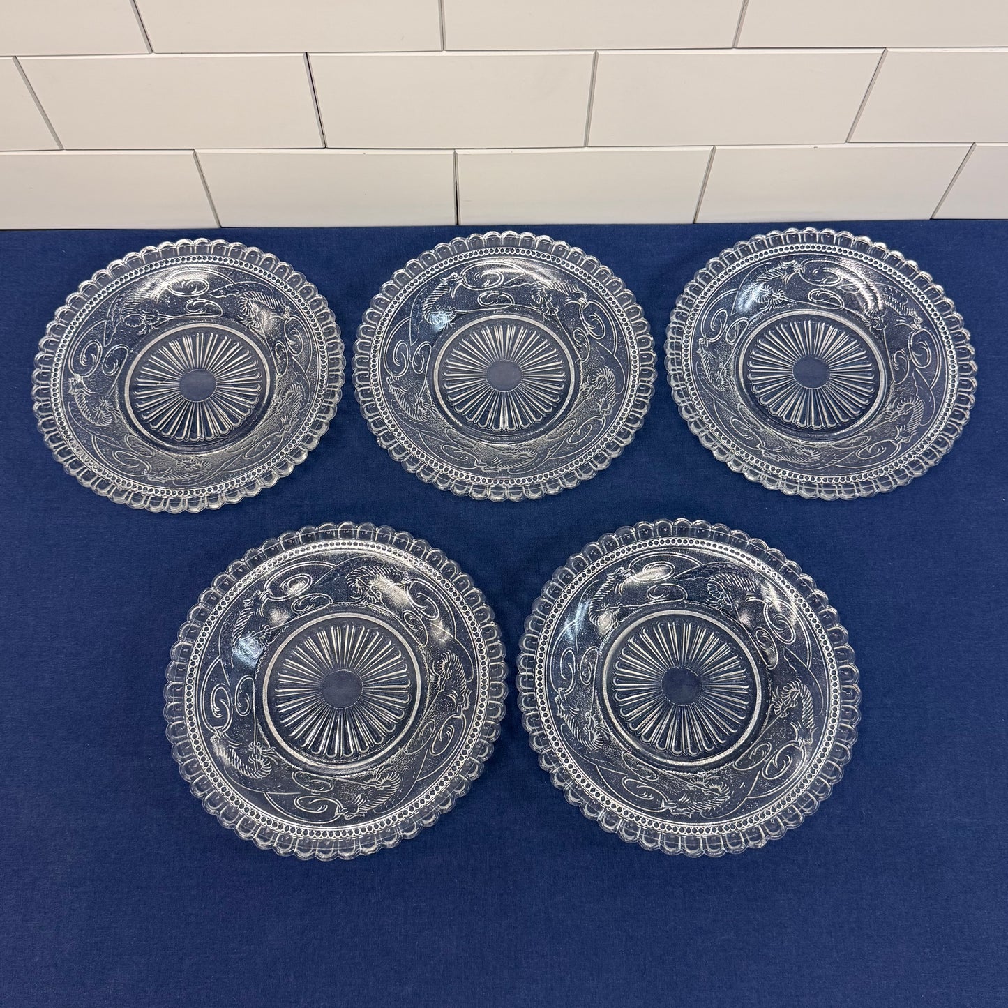 Vintage Dragon Motif Pressed Glass Plates Set of 11 Clear Dessert Plates