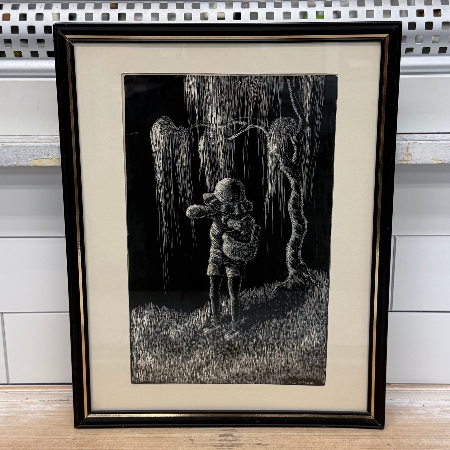 Original Linocut Print Child Under Willow Signed Kris Johnson