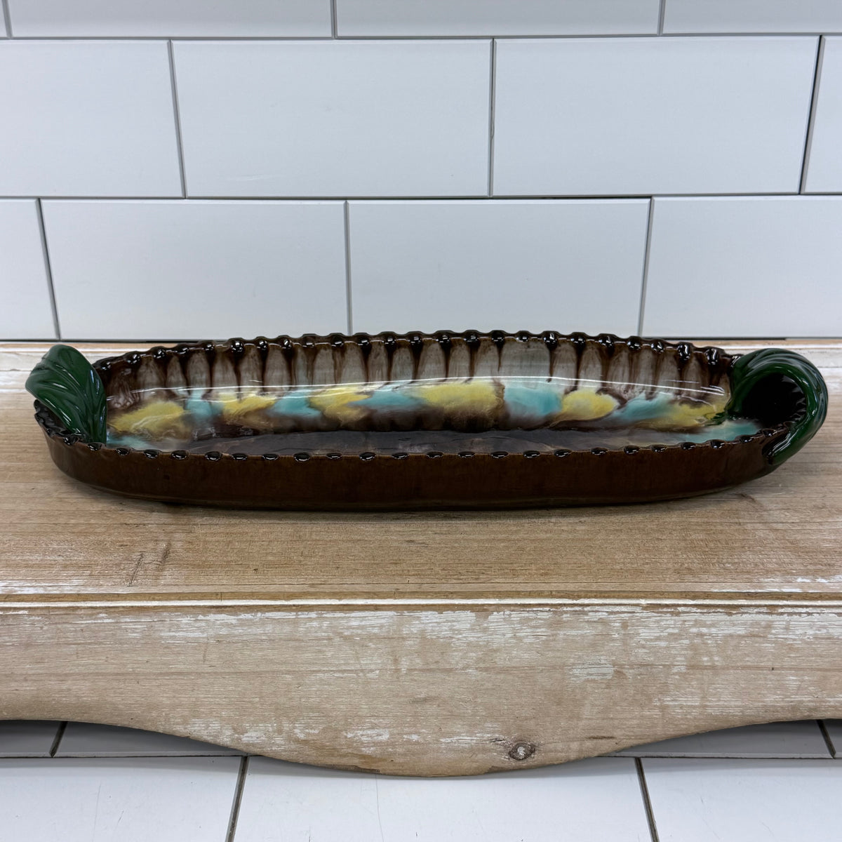 Austrian Art Pottery Drip Glaze Oval Tray Leaf Handles