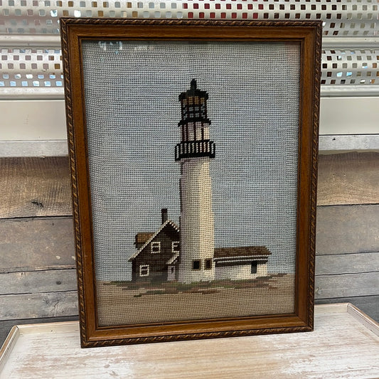 Stunning Lighthouse Crewel, Framed 16”