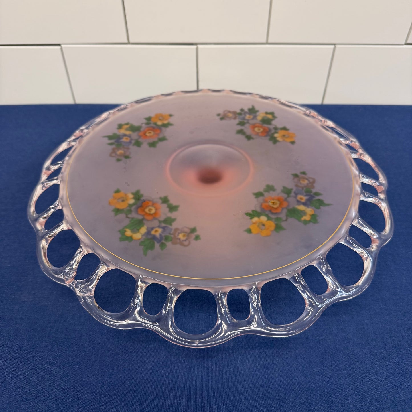 Pink Frosted Glass Floral Openwork Handled Serving Plate