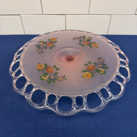 Pink Frosted Glass Floral Openwork Handled Serving Plate