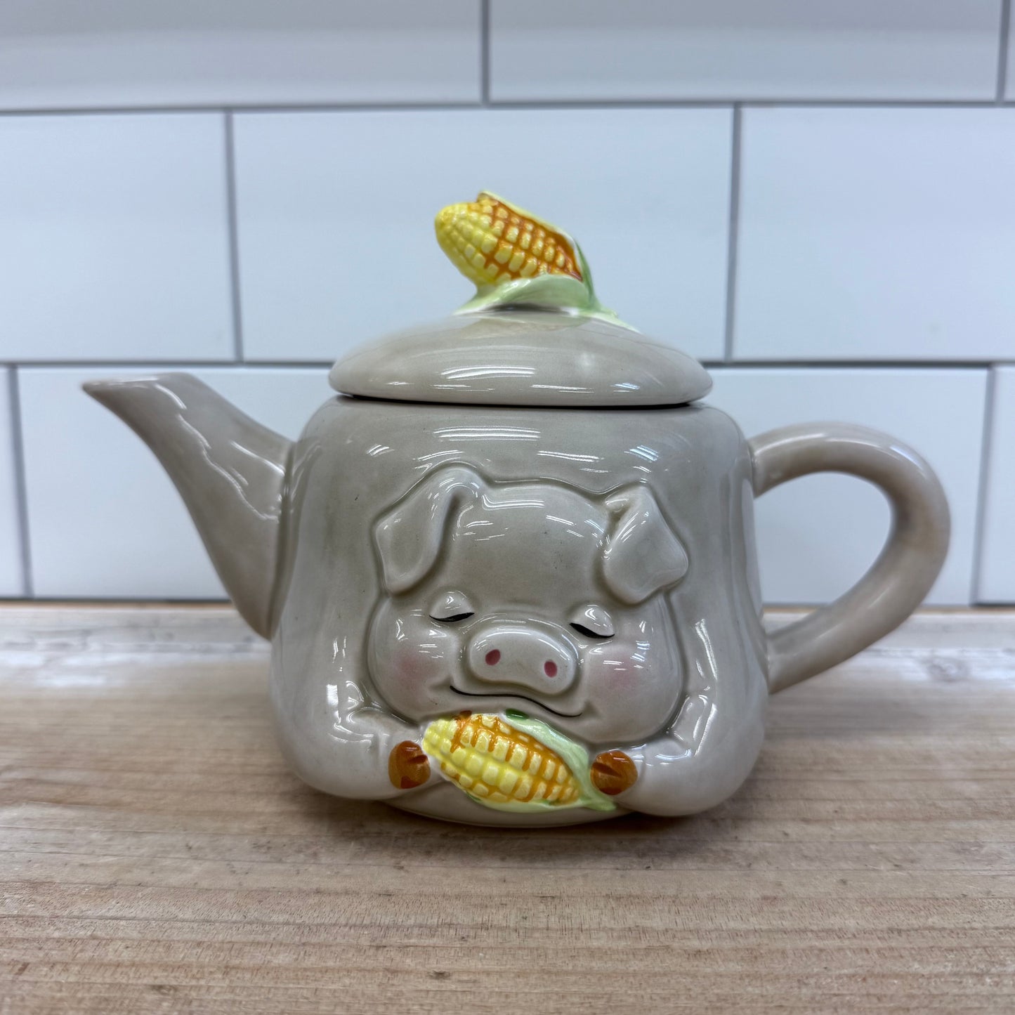 Lefton Piggy Eating Corn Teapot, Ceramic