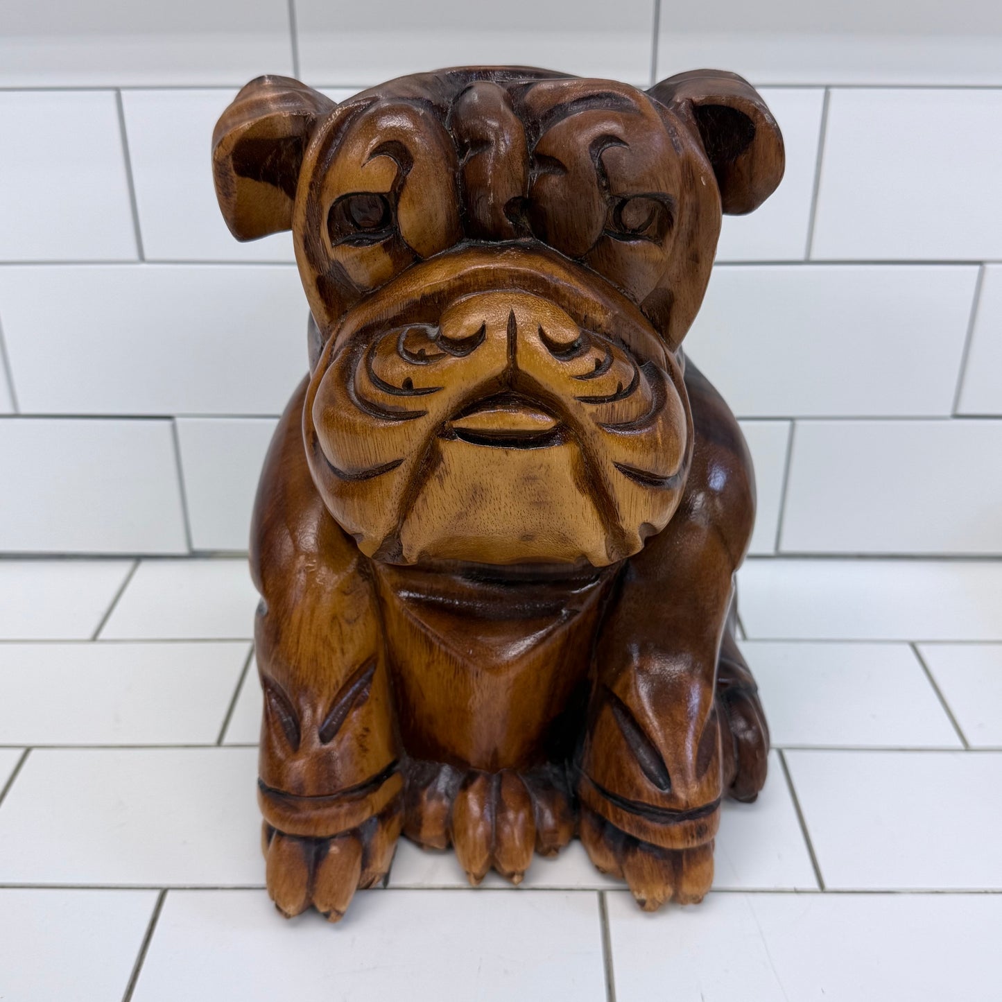 Hand Carved Wooden Bulldog Statue Vintage Hardwood 11”