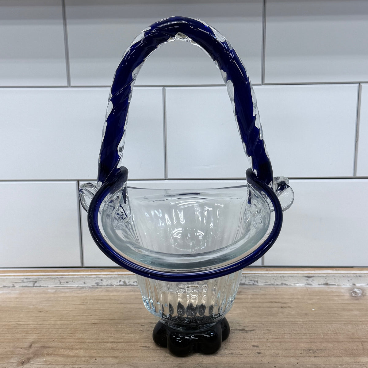 Crystal Brand Cobalt Blue Art Glass Basket 1970s