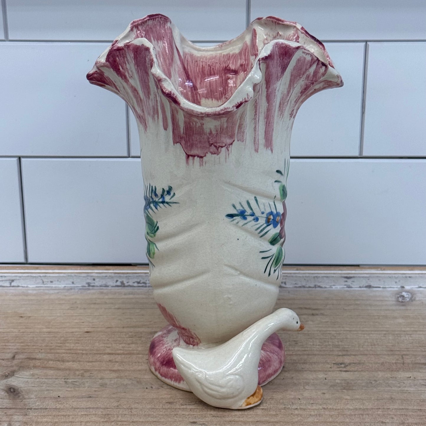 Japanese Figural Geese Floral Ceramic Vase 1950s