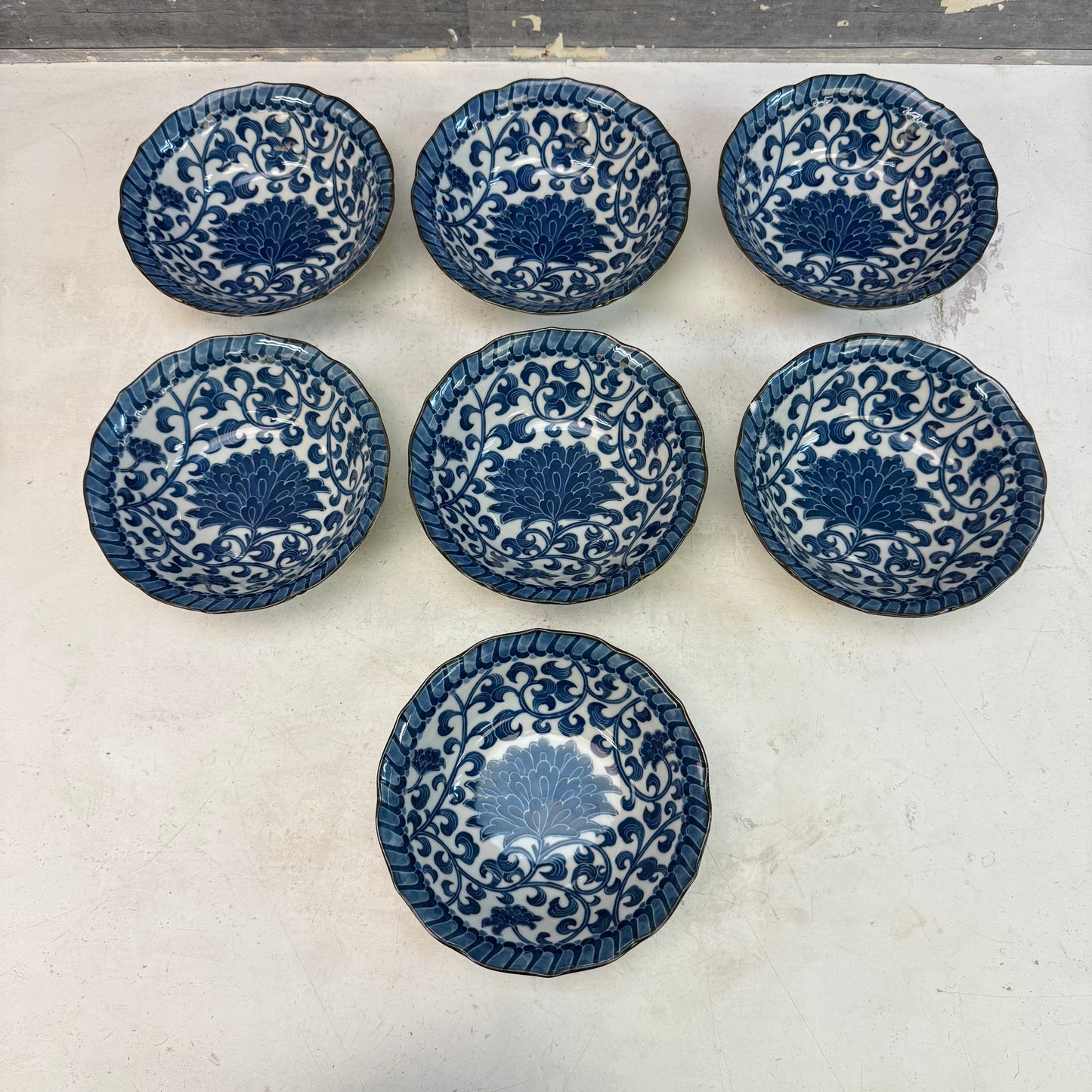Andrea by Sadek Blue Mum Porcelain Bowls, Set of 7 1980s
