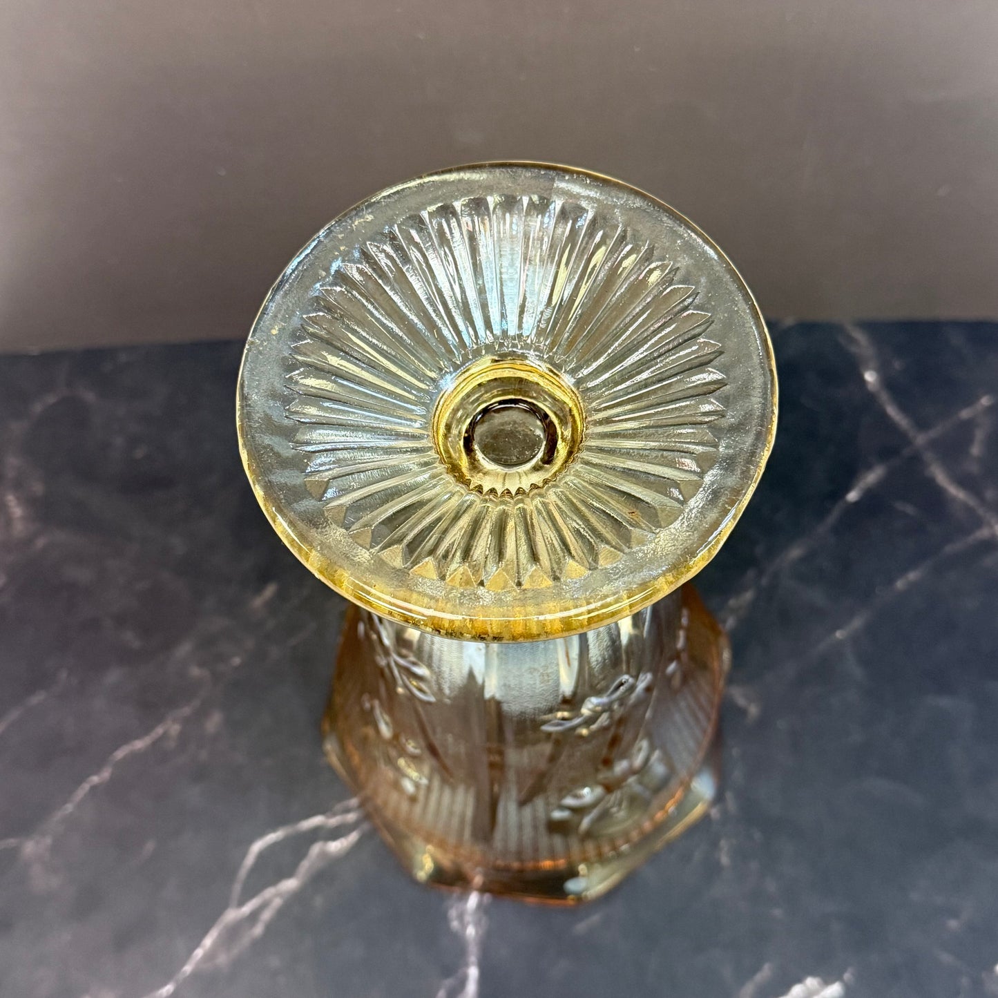 Jeannette Glass Embossed Iris and Herringbone Carnival Vase