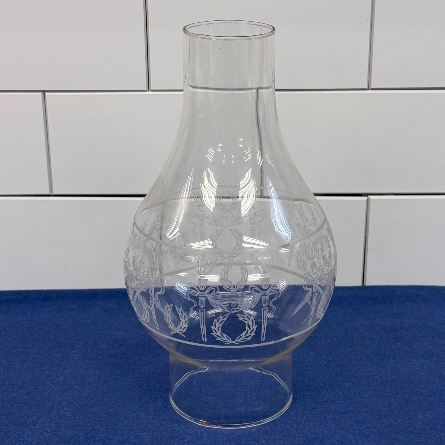 Giant Brand Clear Glass Oil Lamp with Etched Floral Glass Chimney