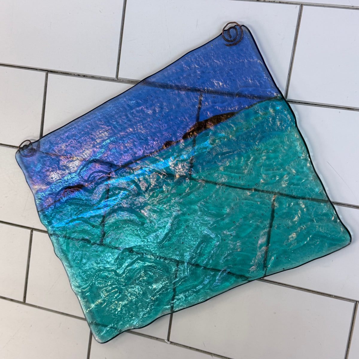 Handmade Seeded Art Glass Ocean Seascape Coastal Wall Hanging