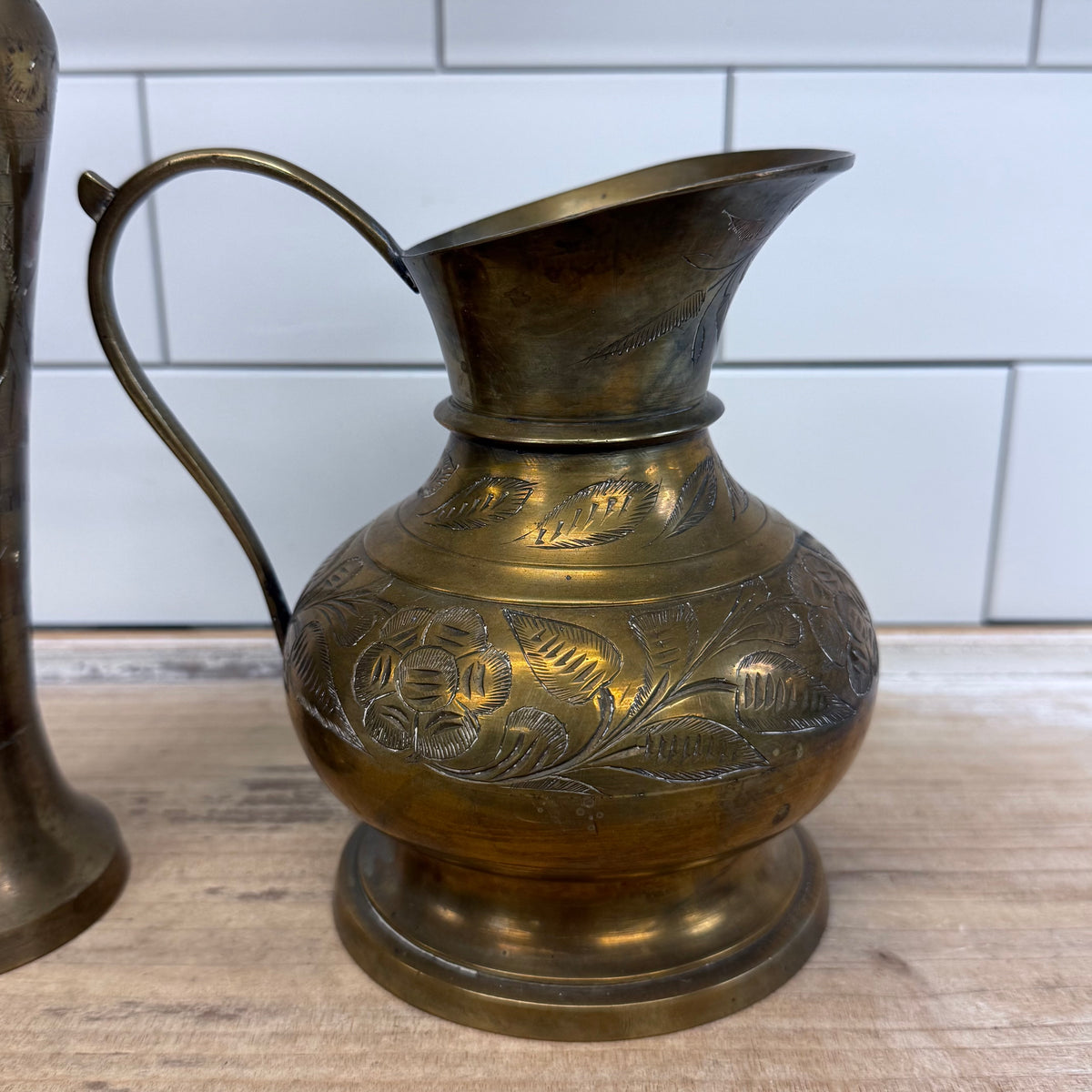 Vintage Indian Engraved Brass Pitcher & Vase Set 1960s–70s