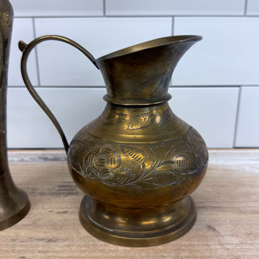 Vintage Indian Engraved Brass Pitcher & Vase Set 1960s–70s