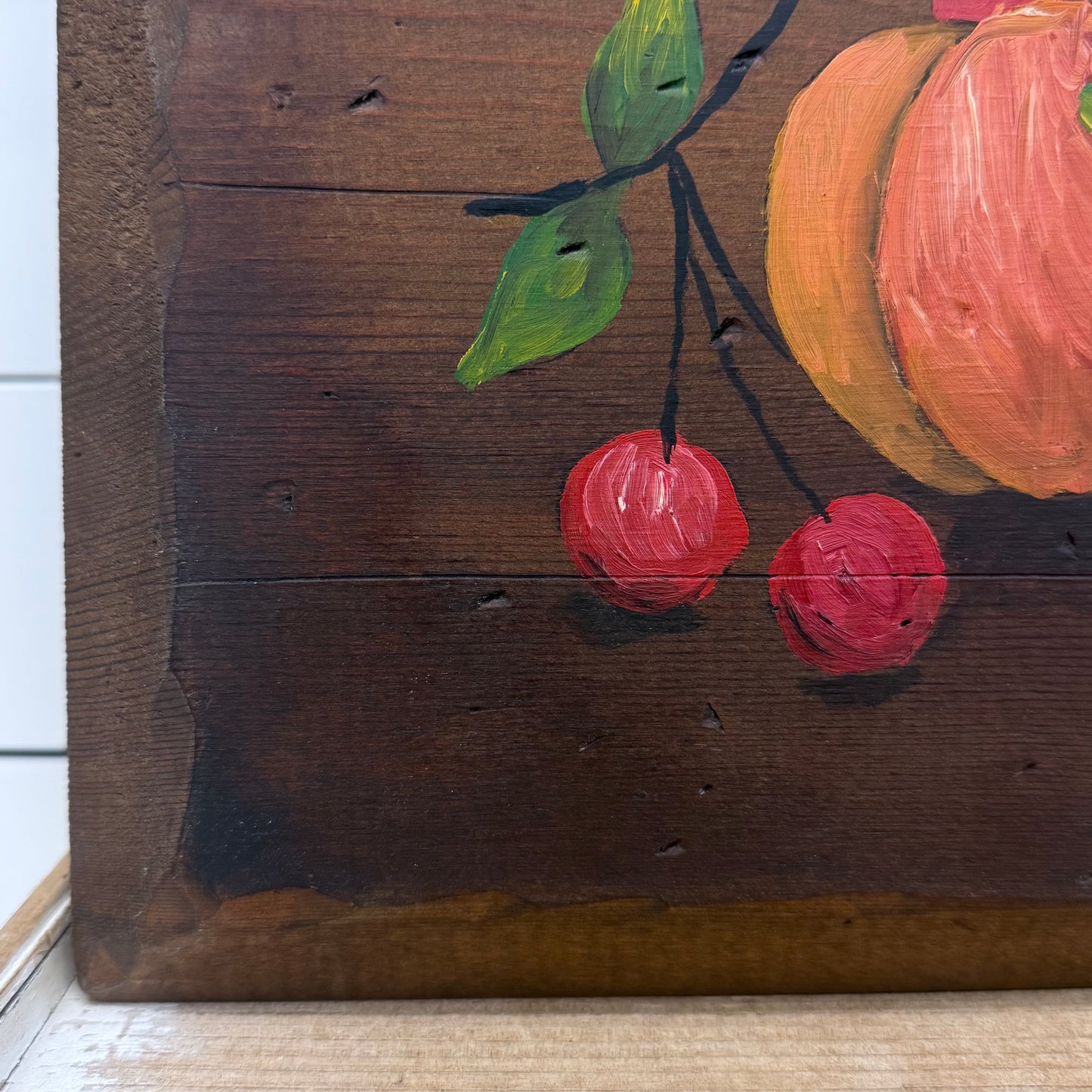 Carol Albert Hand Painted Fruit Still Life Wood Panel 1970s