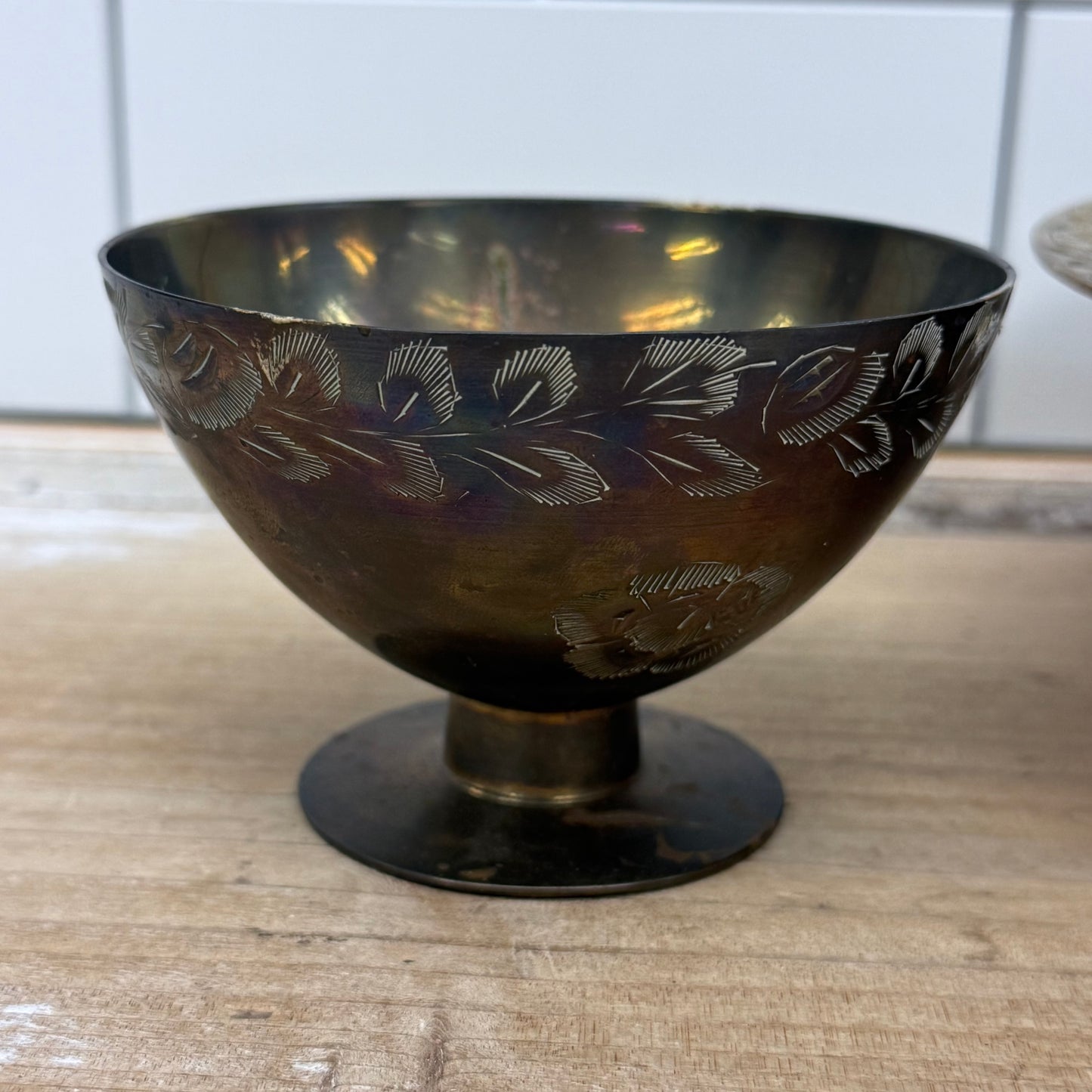 Etched Floral Brass Compotes Set of 2 Vintage Pedestal Bowls
