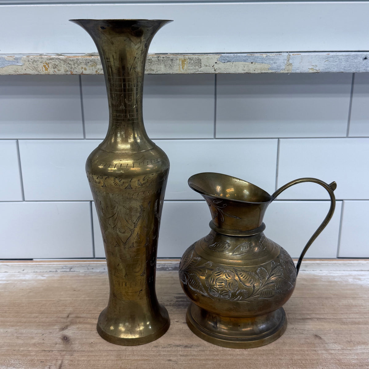 Vintage Indian Engraved Brass Pitcher & Vase Set 1960s–70s