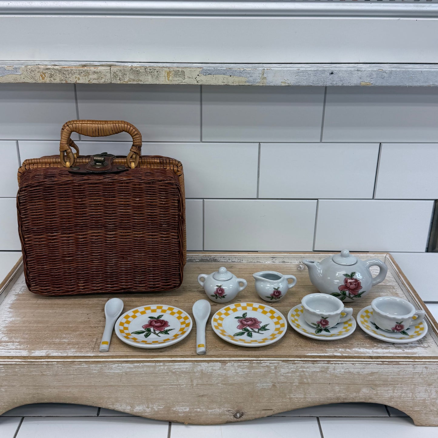 Delton Rose Child’s Porcelain Tea Set in Wicker Basket 1990s