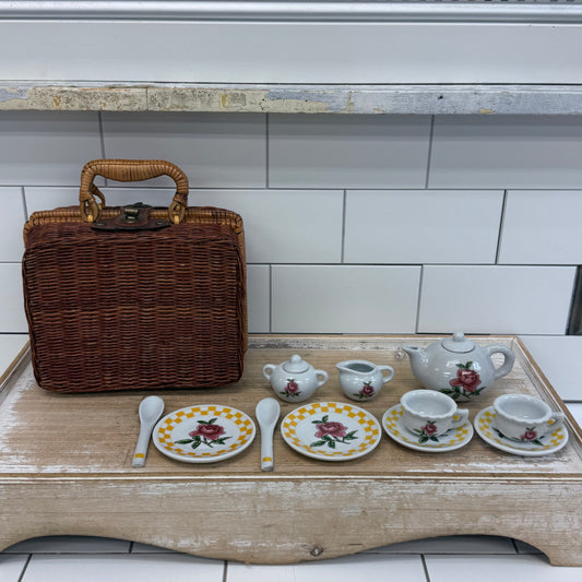 Delton Rose Child’s Porcelain Tea Set in Wicker Basket 1990s