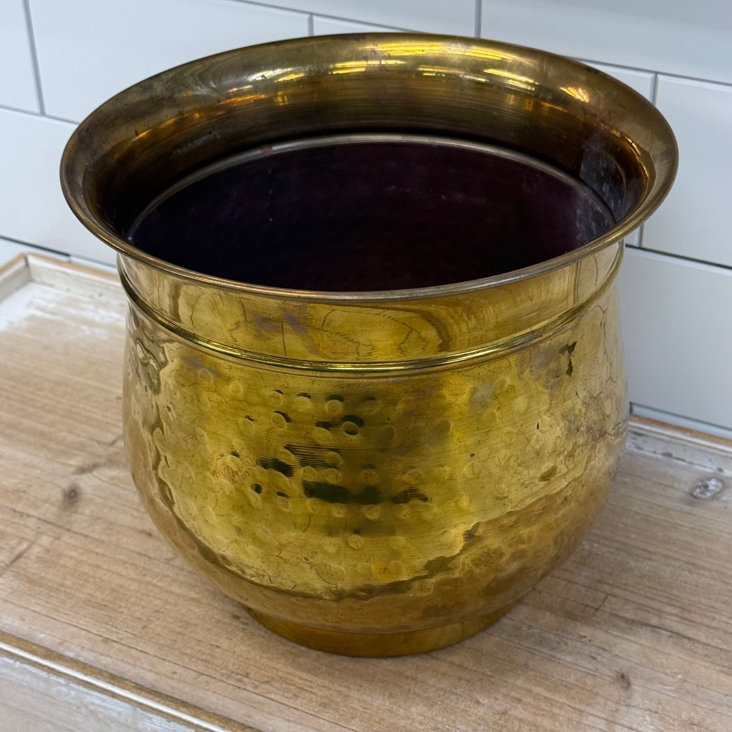 Vintage Hammered Brass Planter with Copper Lined Interior 1960s