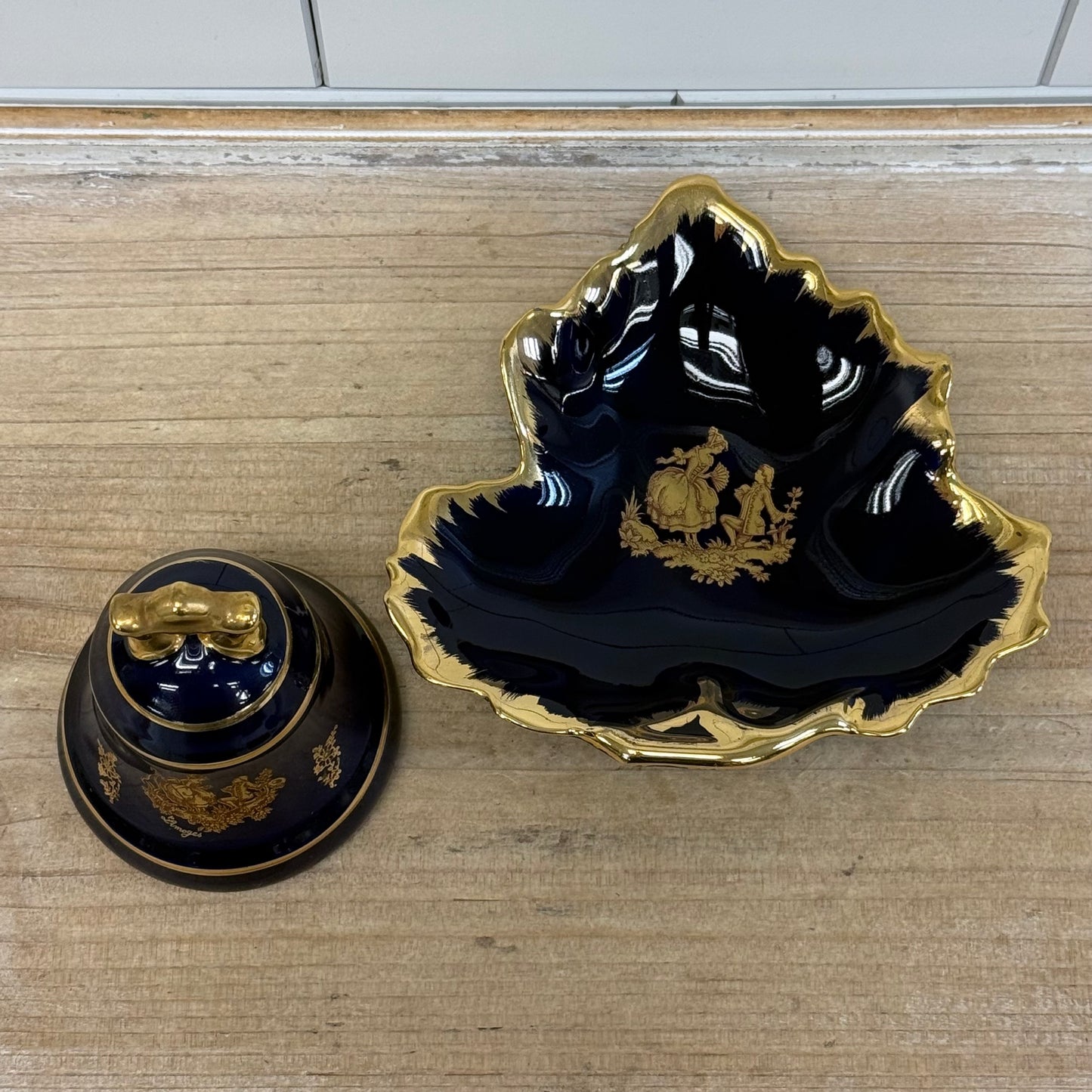 Limoges Castel France Cobalt Blue Porcelain Bell & Dish Set