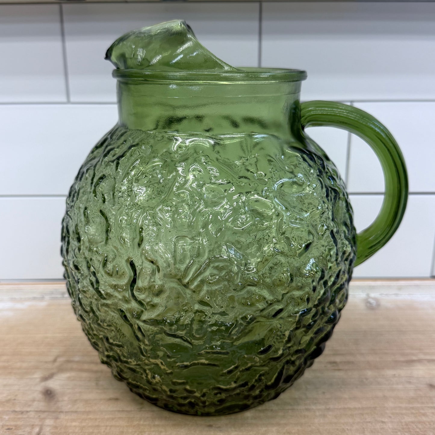 Anchor Hocking Lido Milano Avocado Green Glass Pitcher 1970s