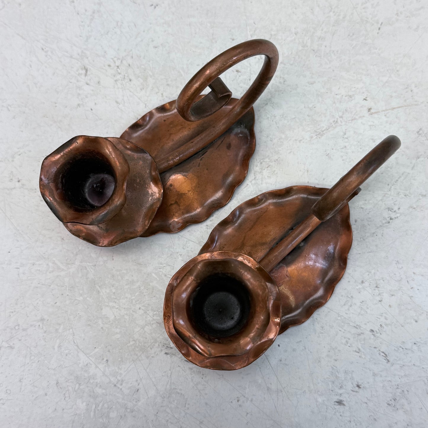 Gregorian Copper Arts & Crafts Candlestick Holders, Set of 2