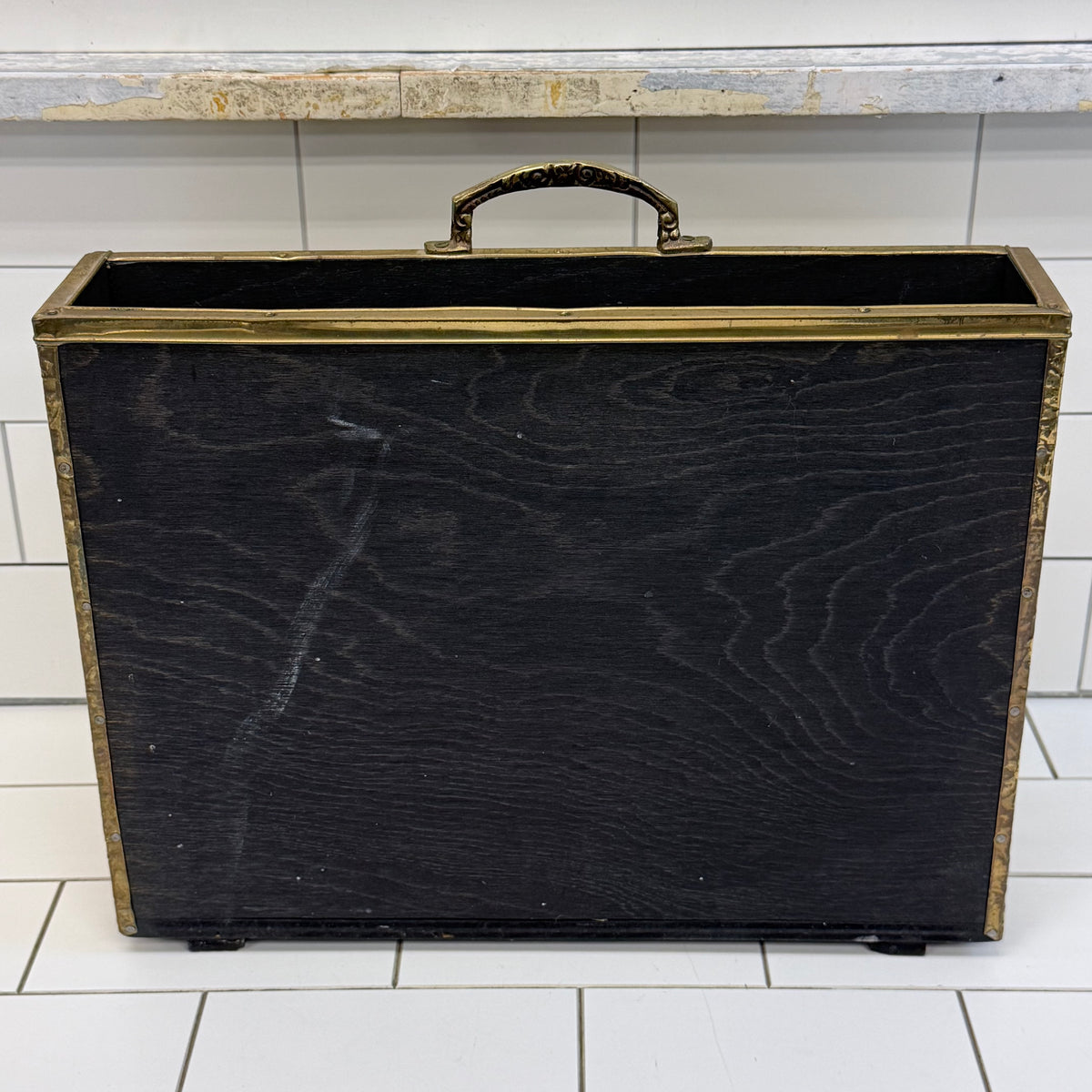 Vintage Embossed Brass & Wood Magazine Rack Old World Scene