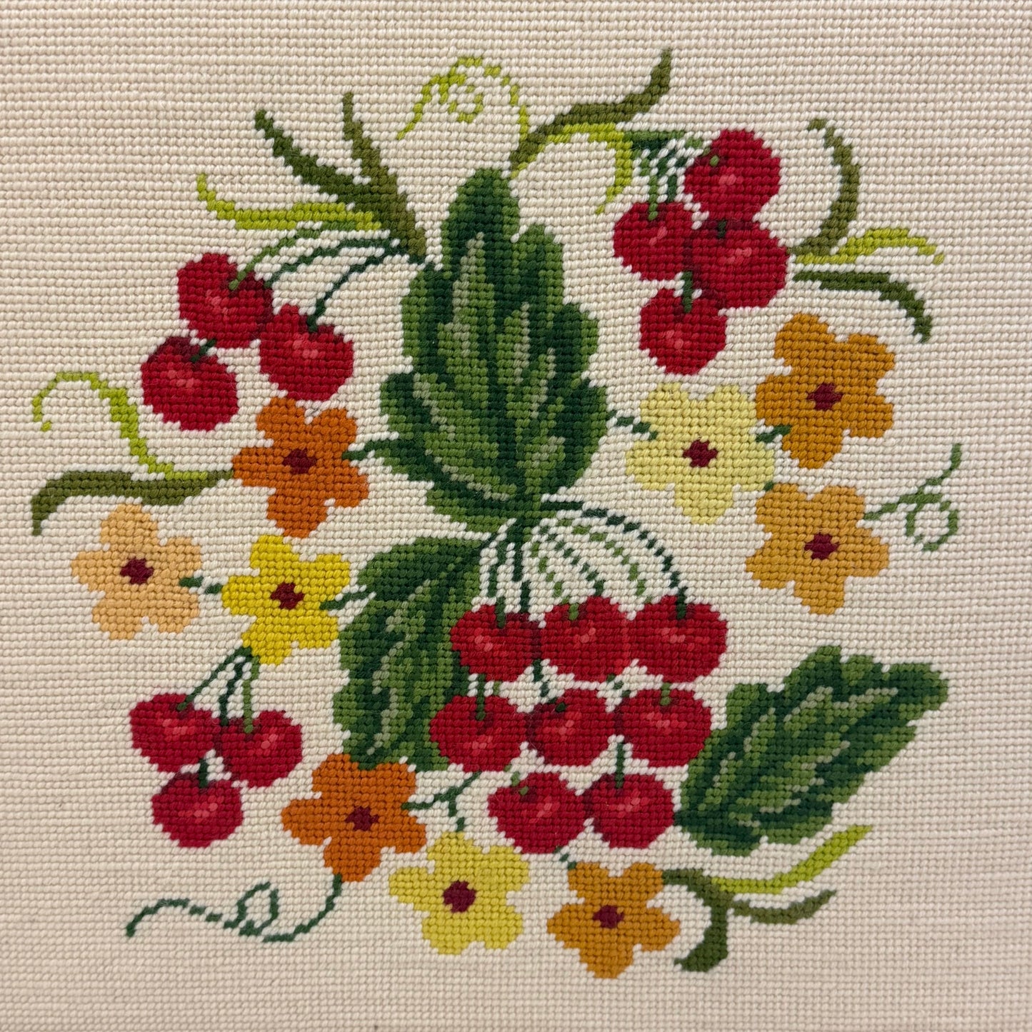 Cherries & Flowers Framed Embroidery Art Vintage 1970s
